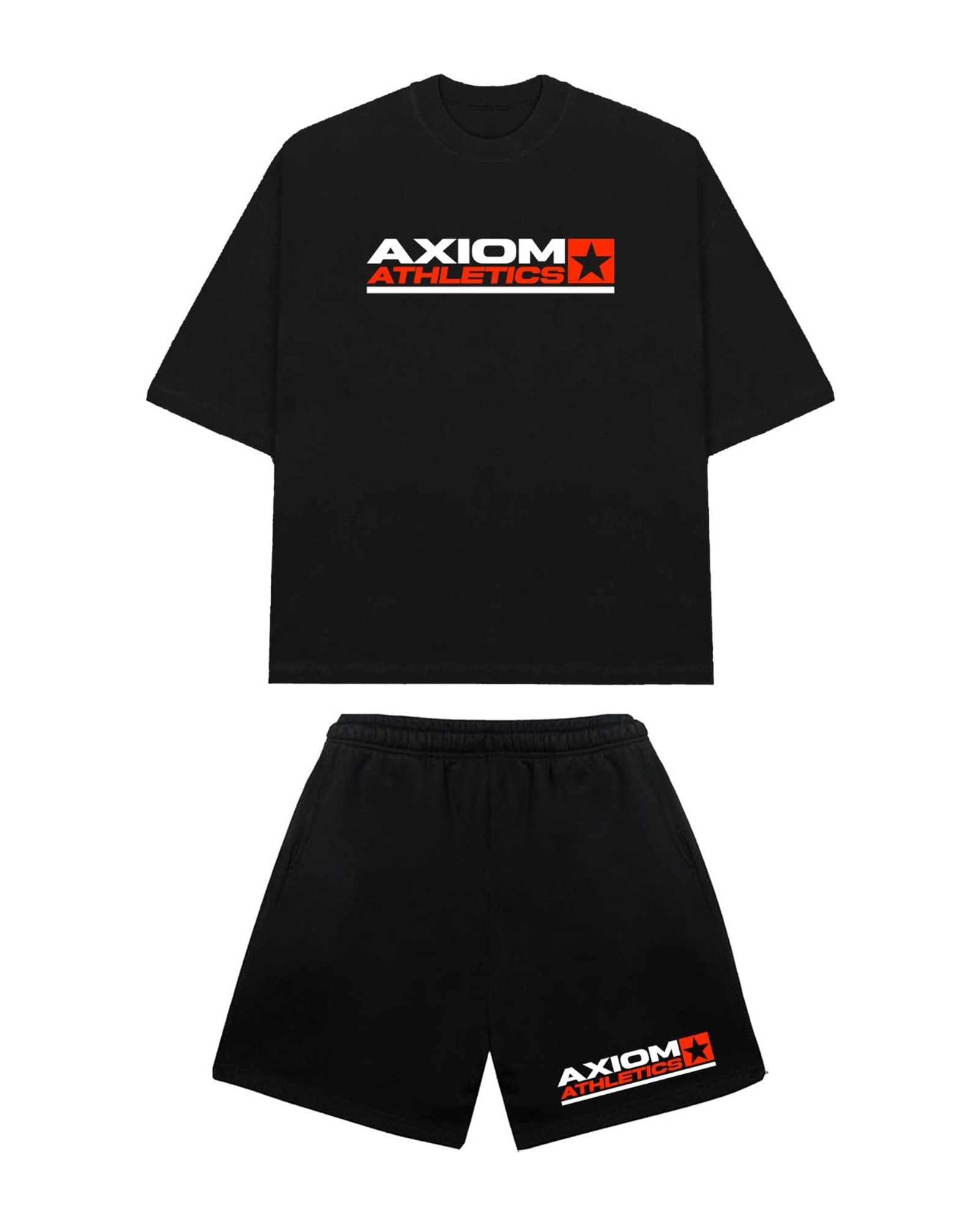 Athletics Set in black, tee and shorts with the red AXIOM ATHLETICS box logo, laid flat.