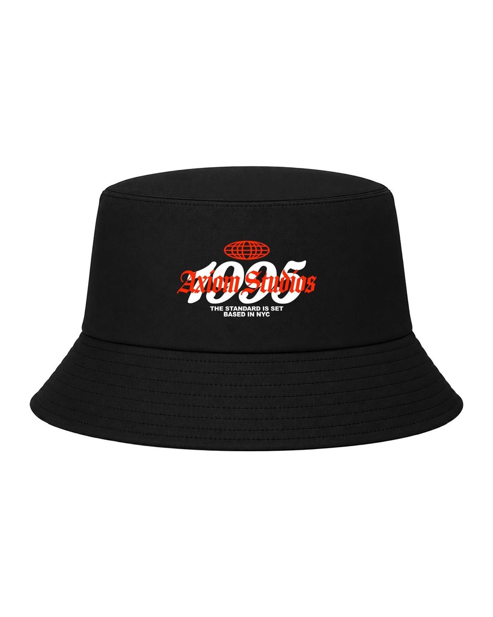 Bucket Hat in black with the Axiom Studios script at the front, three-quarter view.