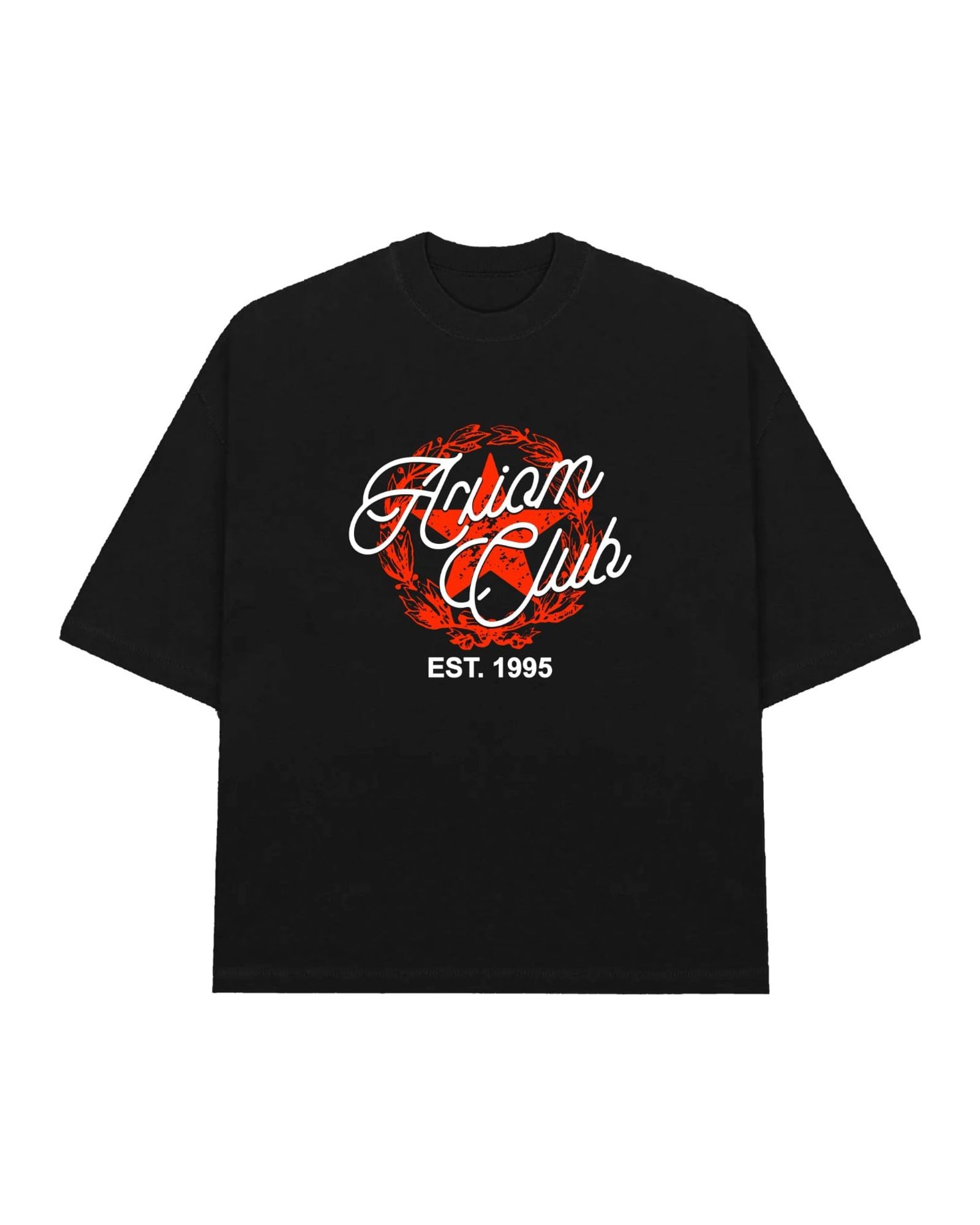 Club Crest Tee in black with the Axiom Club script inside a red laurel, laid flat.