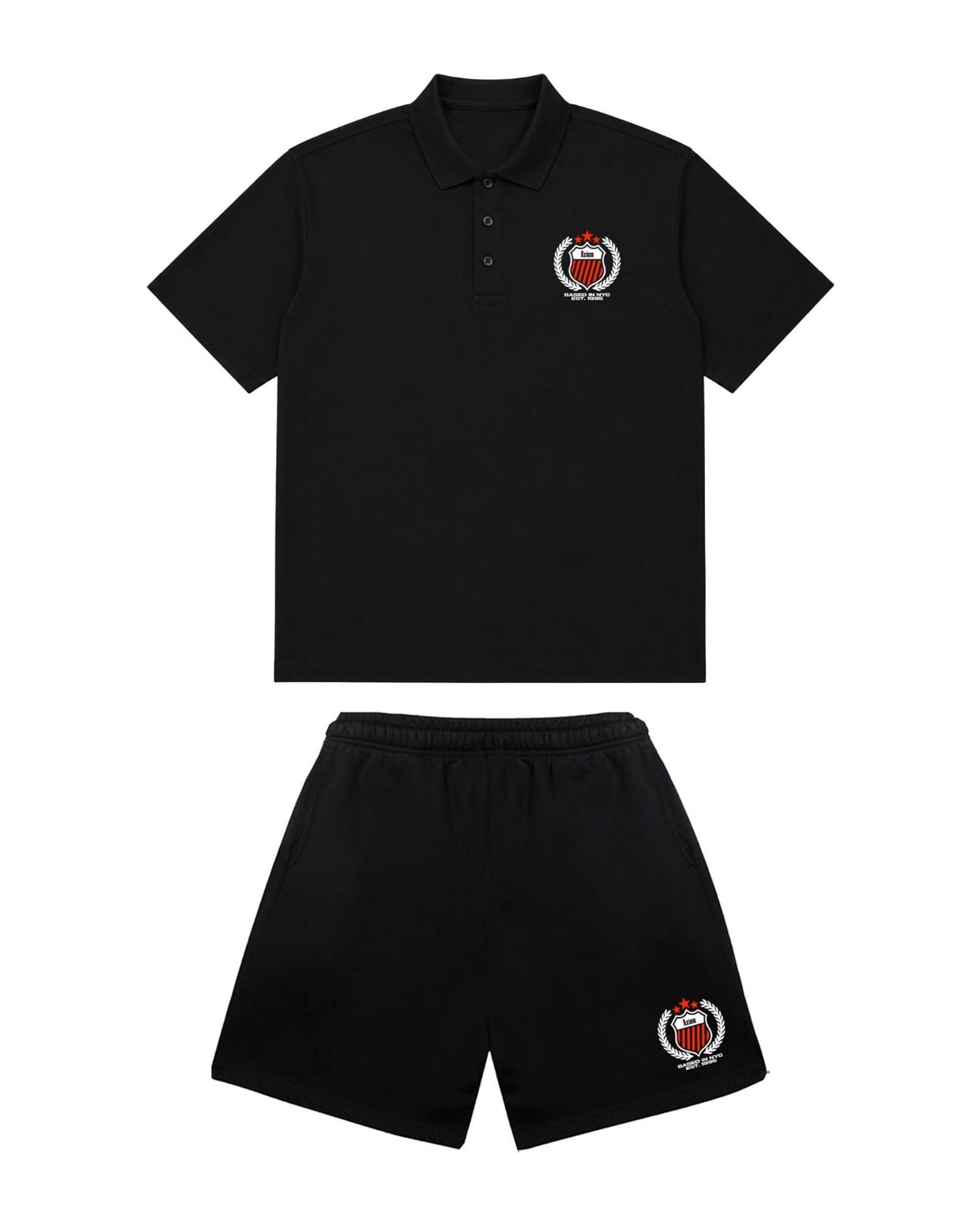 Club Polo Set in black, crested polo and matching shorts, laid flat.