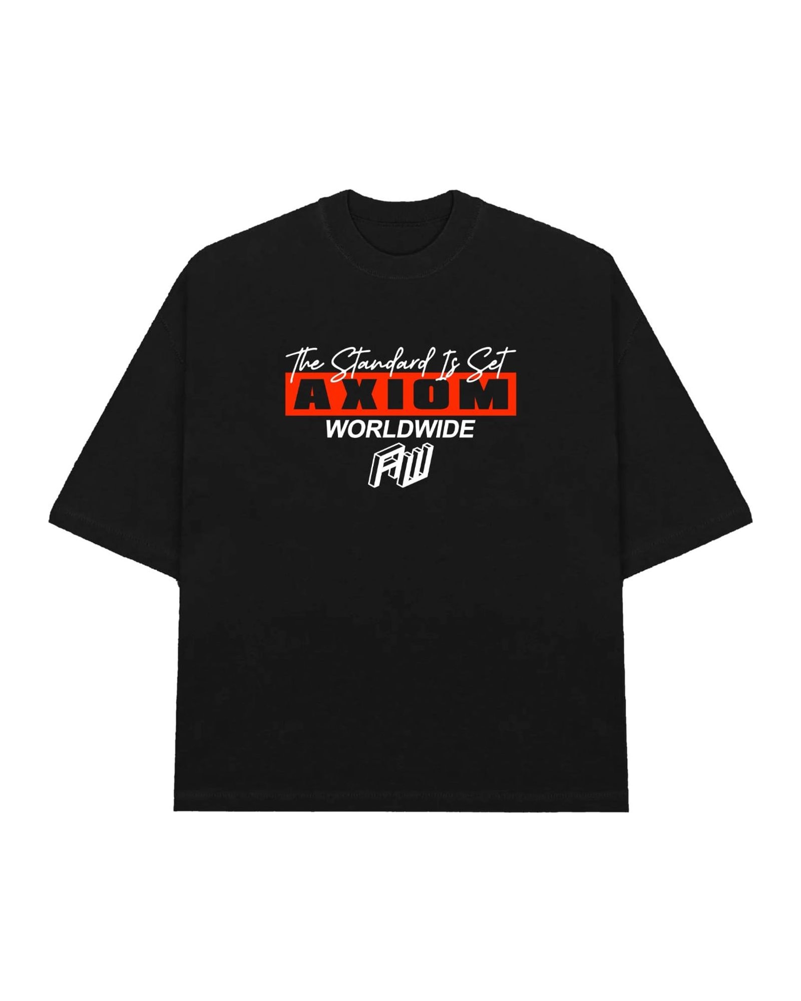Standard Tee in black with THE STANDARD IS SET and AXIOM WORLDWIDE across the chest, laid flat.
