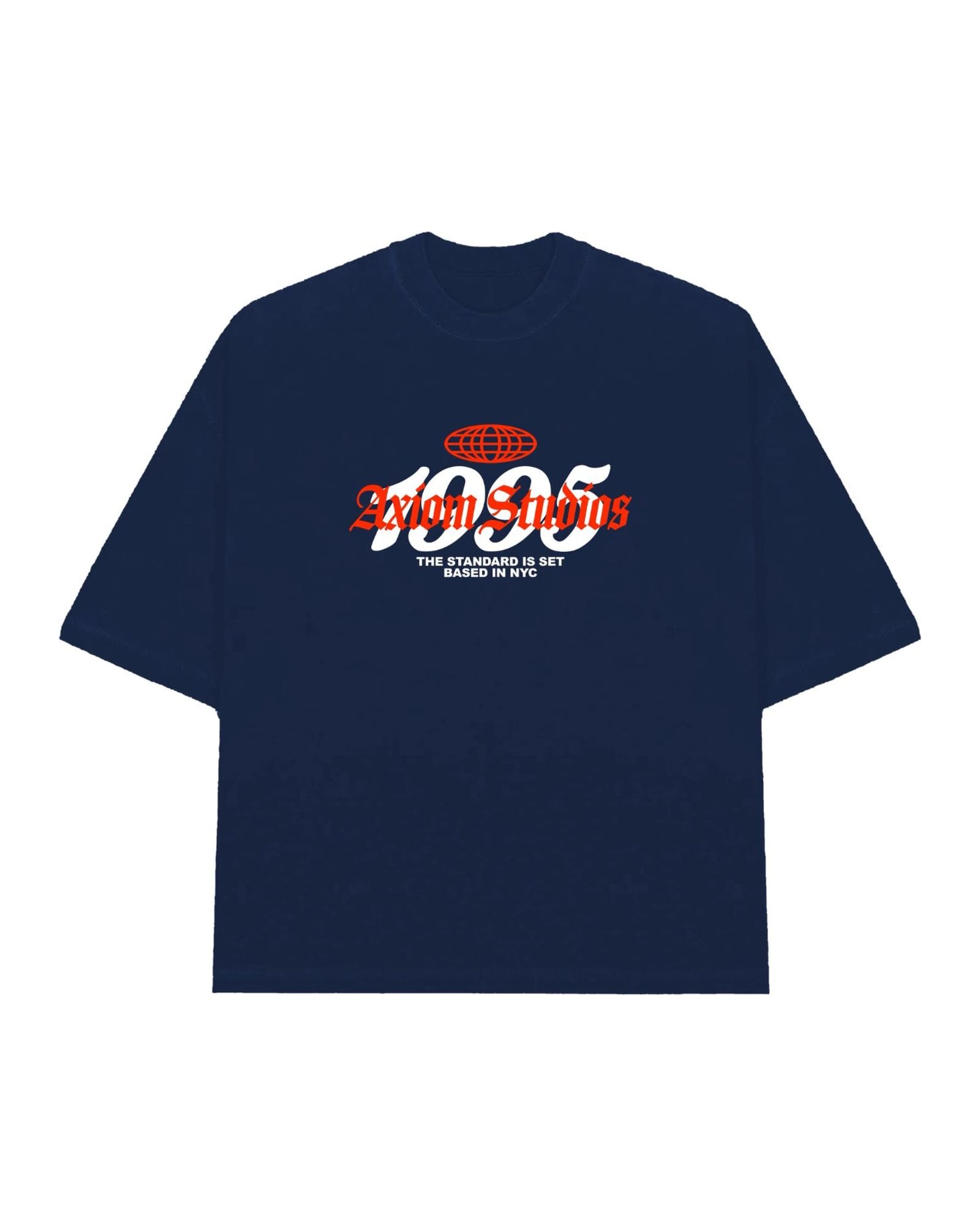 Studios Tee in navy with the Axiom Studios script over a red globe, laid flat.
