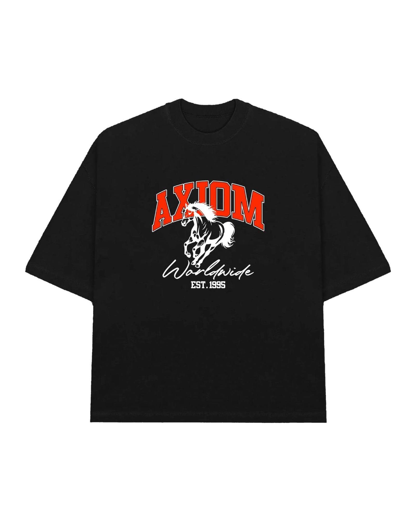Varsity Tee in black with arched AXIOM lettering over a rearing horse, laid flat.